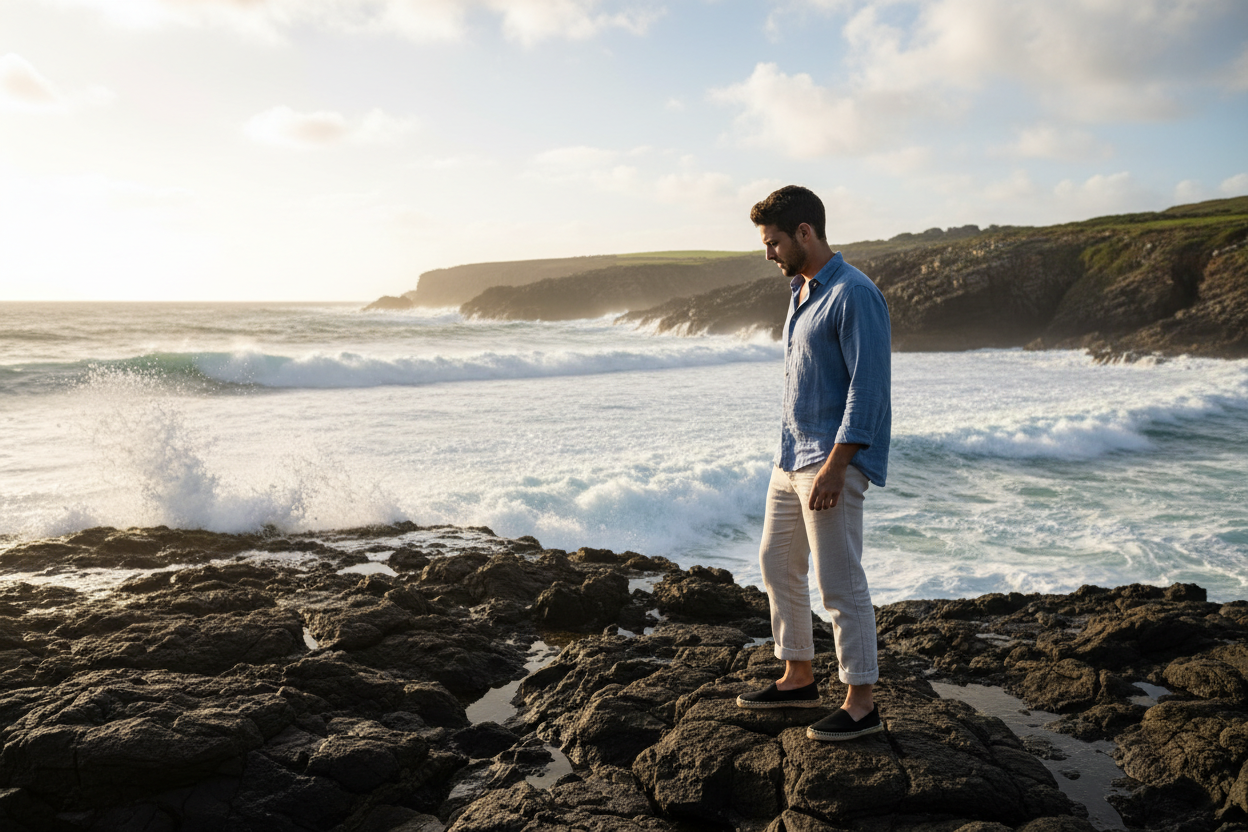 JE VEUT UN HOMME QUI PORTE DES ESPADRILLE NOIR DANS LES ROCHET DE LA PLAGE 