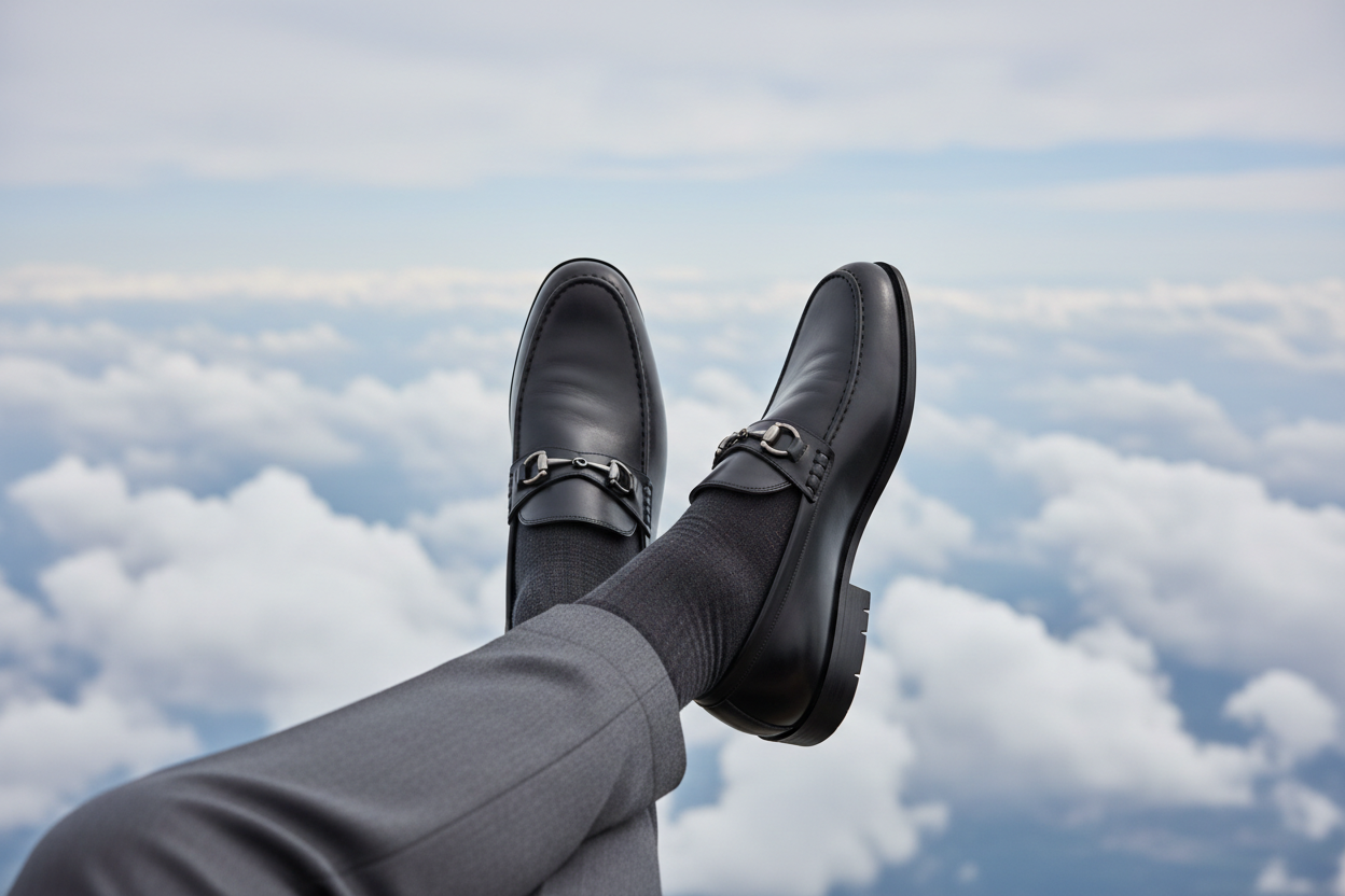 JE VEUT UN JEUNE HOMME QUI PORTE UN MOUCASSIN CUIRE NOIR ASSI AVEC ARRIERE PLAN NUAGE 